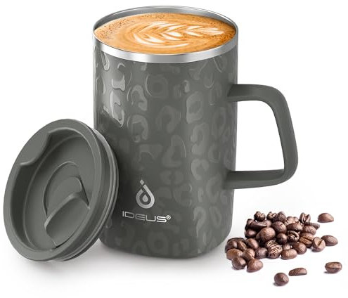 Ideus® Kaffeebecher 470 ml (16 oz), doppelwandige vakuumisolierte Kaffee- und Teetasse aus Edelstahl mit rutschfestem Griff und Schiebemoduldeckel und großem Volumen (Leapord Grau)