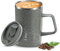 Ideus® Kaffeebecher 470 ml (16 oz), doppelwandige vakuumisolierte Kaffee- und Teetasse aus Edelstahl mit rutschfestem Griff und Schiebemoduldeckel und großem Volumen (Leapord Grau)