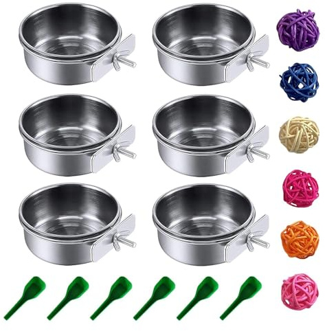 IMCCZONY 6 Piezas de Vasos Acero Inoxidable para Platos AlimentacióN PáJaros, Comedero para Loros, Agua para Comida de Periquitos con Soporte de Abrazadera y Cuchara para PáJaros
