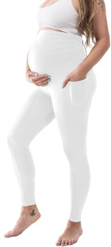 Ipletix Maternity Leggings Over Bump, Buttery Soft Maternity Leggings with Pockets Pregnancy Maternity Clothes Sports Leggings White