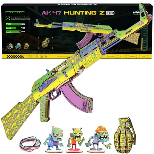 MiniCity 3D Puzzles for Adults, Wooden 3D Puzzle Model Rubber Bands Gun Toys Building Kits, DIY Wood Crafts Cool Toy Hobbies for Men Women, Creative Assembly Gifts (AK47 Hunting Z)