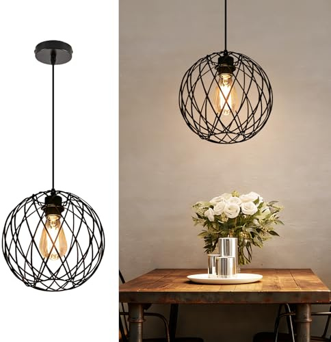 Glitzerlife Hänglampa Svart Industrial Vintage E27 1 Ljuskälla Bordslampa | Retro Till Matsal Rond Kökslampa Sovrum Utan Ljuskälla Ø 25cm