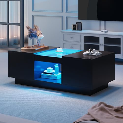 BTM High Gloss Coffee Table with Storage, LED Light and 2 Tiers & 2 Drawers, Black Modern Rectangle Coffee Table with Drawers for Living Room, Black