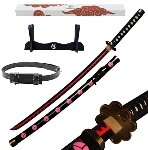 Hashiman - Katana One Piece - Réplique Manga Sabre + Support Epée Bois + Ceinture - Catana Japonais Cosplay Décoration Jouet Enfant Adulte - Jeu Déguisement Deco Ninja (Shusui)