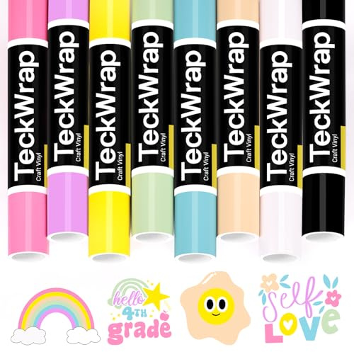TECKWRAP Pastel Permanent Vinyl Bundle 12''x3ft/Roll Glossy Adhesive Vinyl Pack 8 Boho Colour Permanent Vinyl for Mug, Cup, Window & Home Deco,and Other DIY Projects