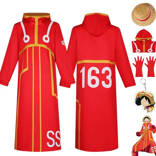 bbganlian Anime One Piece Egghead Island Monkey D Luffy Cosplay Costume Tenue Jeu de rôle Rouge Uniforme Ensemble Complet Halloween Fête Carnaval Habiller avec Chapeau pour Hommes (XS)