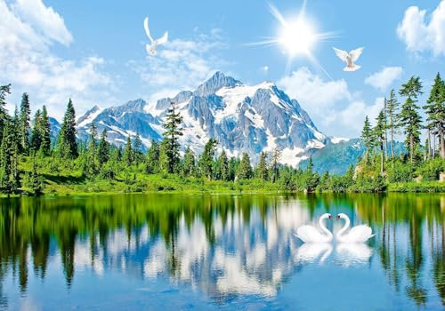 gdkldfg Papier Peint Panoramique 350x250cm Forêt Ciel Nuages Montagnes Lac Paysage naturel Bleu Vert Poster Mural Tapisserie Murales Soie Intissé Decoration Murale Chambre