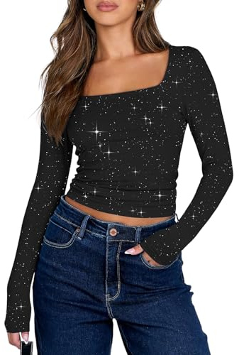 YUTILA Haut à paillettes pour femme - Court - Col carré - Manches longues - Coupe ajustée - Stretch - Tenue festive, Noir , L