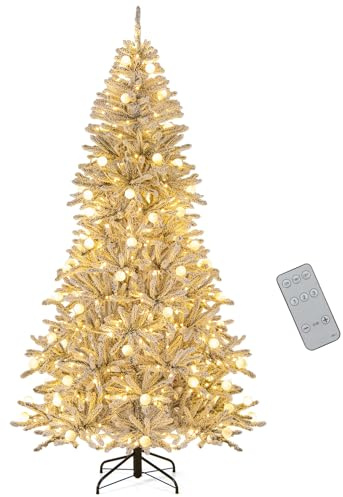 COSTWAY Albero di Natale Innevato 180/210cm, Albero di Natale Artificiale Pre-illuminato con 250/350 Luci LED Bianche Calde, 51/65 Sfere Luminose 637/1273 Rami, Telecomando e Timer (210 cm)