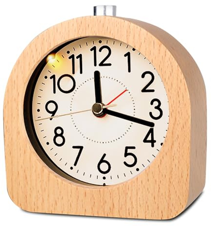Réveil analogique en bois avec snooze - Réveil analogique sans tic-tac - Horloge de chevet avec veilleuse - Réveil rétro en bois sans tic-tac - Pour bureau, chambre à coucher, bureau, chambre d'enfant
