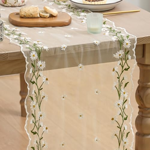 Artoid Mode Camino de mesa de tul de margaritas albaricoque con bordado de primavera, 40 x 300 cm, decoración de mesa de cocina, interior, vacaciones, fiesta