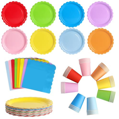ZblPyro Set Stoviglie per Feste Colorati (40 Ospiti), con 40 Piatto di Carta Ondulato 18cm, Bicchieri di Carta, Tovaglioli, Per Grandi Feste e Compleanni Bambini