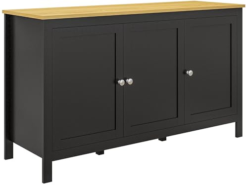 HOMCOM Buffet Meuble de Rangement avec 3 Portes 2 étagères réglables Plateau Aspect Bois Clair - 120 x 40 x 70 cm Noir