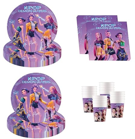 Procos - Decoración de cumpleaños KPop Demon Hunters, 52 piezas, platos de cartón, vasos y servilletas para cumpleaños infantiles, vajilla para fiestas