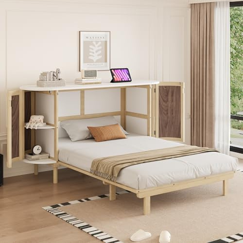 Terahanda Letto a scomparsa da 140 x 200 cm, letto pieghevole a scomparsa, con rete a doghe, vani contenitori, design in vimini, letto in legno, letto per ragazzi, letto singolo (Wood)