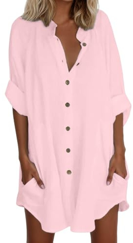 Vestido de Verano para Mujer Vestido hasta la Rodilla Camisa Mujer Manga Larga con Botón Camiseta Largo Blusa con Bolsillos Vestido de Playa Casual Vestido de Manga Corta Camisero