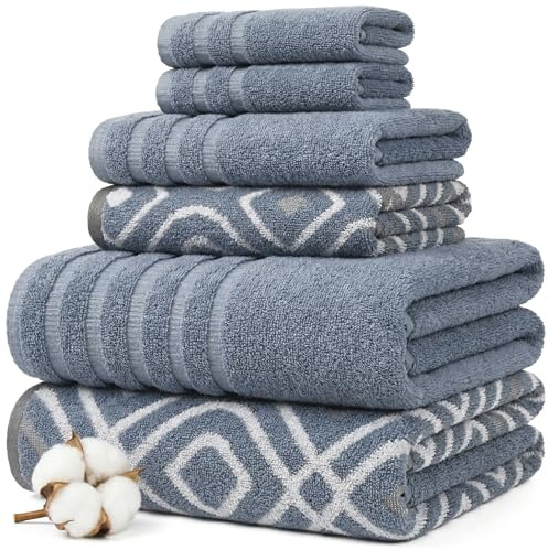 Modern Threads 6-Piece Yarn Dyed Oxford Stripe Jacquard/Solid Ultra Soft 550GSM 100% Combed Cotton Towel Set 6 Toallas teñidas de Hilo Azul, Algodón, Sencillo, 40.6 x 25.4 x 12.7 cm, 6