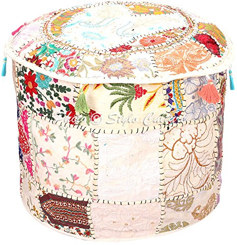 Stylo Culture Reposapiés y Funda de puf Asiento de puf otomano Blanco Étnico Bordado Patchwork Algodón Tela Redonda Tradicional Puf Otomana Funda (16x16x13 Pulgadas) 40cm (Solo Cubierta)