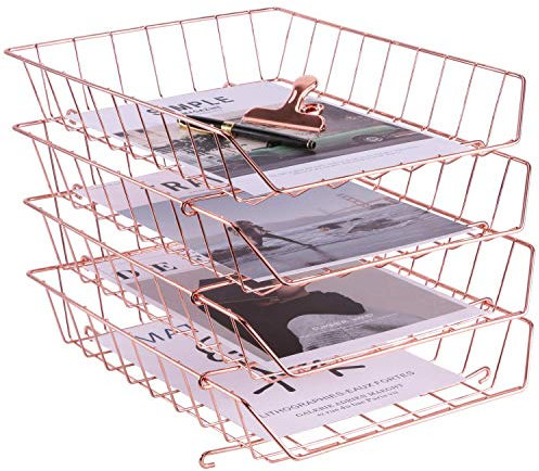 Simmer Stone Stackable Letter Tray, 4-tier Desk File Organizer for Mails, Magazines, Documents and Accessories, Wire Paper Tray for Home, School and Office, Rose Gold