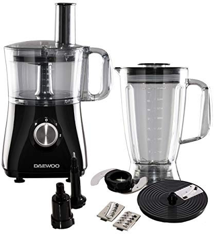 Daewoo SDA2100 750W Plastic Compact Food Processor with 2L Bowl and 1.8L Blender Jug, Stainless Steel Chopping Blades for Slicing and Grating, UK Type G Pulg 220-240v 50hz, Black