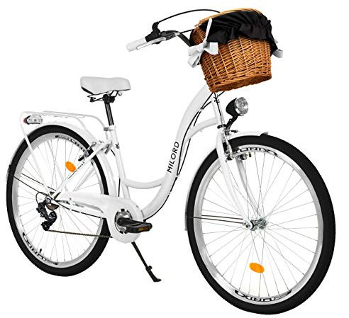 MILORD. 28 Zoll 7-Gang weiß Komfort Fahrrad mit Korb und Rückenträger, Hollandrad, Damenfahrrad, Citybike, Cityrad, Retro, Vintage