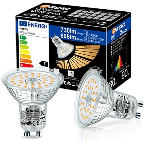 PRCNL LED GU10 Regulable Bombillas，7w Equivalente 80W Halógena,730LM 3000K Blanco Cálido, 3 tipos de brillo，Angulo de haz de 120°, AC 220-240V,Pack de 2