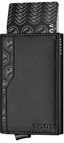 VULKIT Tarjetero con Doble Ventana de Identificación Cartera de Cuero Cartera con Bloqueo RFID Cartera de Tarjeta Emergente Automática para Tarjetas y Notas