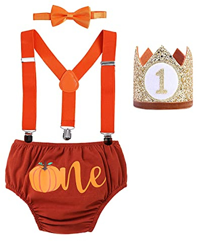 FYMNSI Baby Boy My First Halloween Photo Shooting Outfit 1st Birthday Cake Smash Set Pumpkin Printed Diaper Cover Shorts Pants Y-back Suspenders Bow Tie Crown Headband 4pcs Clothes Set Pumpkin