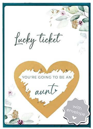 Joli Coon Pregnancy Announcement Scratch Card, Aunt Reveal, with envelope | 350gsm designer paper, tactile UV finish, green envelope with gold heart, scratch panel