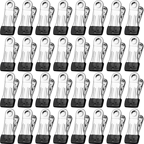 Clothes Pins for Hanging Clothes, 32 Pack Stainless Steel Black Clothespins for Laundry, Heavy Duty Clothing Pins for Clothes Line, Multipurpose Metal Clips for Clothes, Socks, Towel, Snack, Photo