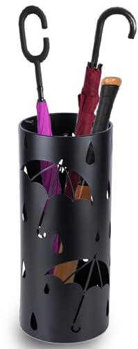 BEWBBAT Metal Umbrella Stand Rack for Entryway, Black Round Free Standing Umbrella Holder Organizer Bin with 3 Hooks for Walk Stick, Home Office Indoor, 17 x 7 Inch