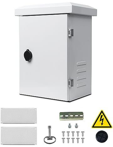 Metal Outdoor Enclosure with Rain Hood Electrical Box Weatherproof WiFi/Network Enclosure Breaker Box with Fan-Vent Design Cable Project Cabinet with Mounting Track Hole in Back 12X16X10