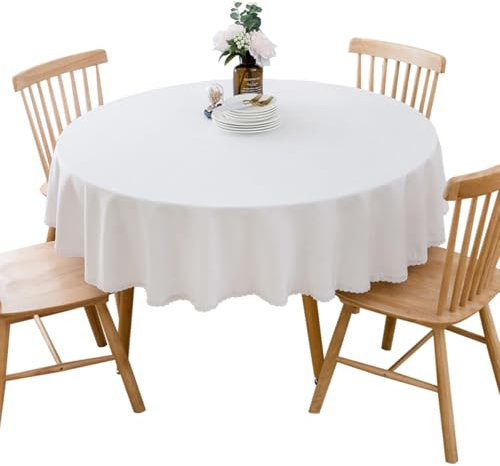BHOMTY Runde Tischdecke aus Baumwollleinen, geeignet für Esstische, Kaffeetische, maschinenwaschbar, weiß, Durchmesser 120 cm