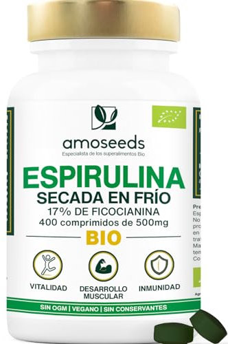 Espirulina BIO, 4500mg / día | 17% Ficocianina, Secada en frío | Saciante, Energía, Proteínas, Hierro | 400 comprimidos veganos de 500mg | Primera Calidad