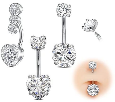 AVYRING Barre a bottone in acciaio chirurgico da 14 g, 10 mm, color argento o oro, con cuore rotondo e cuore, ipoallergenico, da donna, 3 pezzi, Acciaio inossidabile
