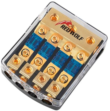 RED WOLF 4 Wege Kfz Stromverteiler mit 60 Ampere Flachsicherungen, Mini ANL Sicherungshalter 60A für Auto Audio Stereo Autobatterie Sicherungshalter 0/2/4 Gauge In 4/8 Gauge Out Verteilerblock