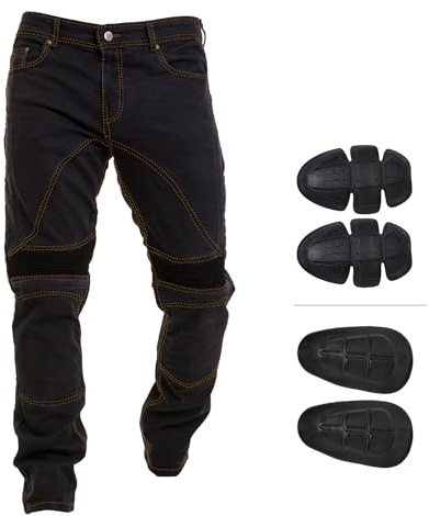 Juicy Trendz mäns Kevlar motorcykeljeans: rustade, skyddande och eleganta cykelbyxor för ultimat säkerhet och komfort, Jet-svart, 40W X 32L