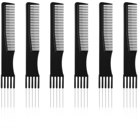 Bewudy 6 Stück Doppelkopf Toupierkamm, Schwarzer Stielkamm Friseur Kamm Strähnenkamm mit Metallgabel & Feinen Zähnen Styling Kamm Haarkamm für Frauen Die Meisten Haartypen