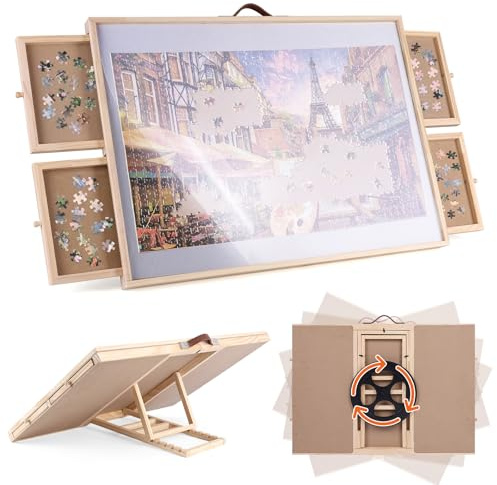 Ruication Jigsaw Puzzle Board Folding Tilting Puzzle Table Rotating Wooden Jigsaw Board Non-Slip Mat Surface for 1000 pieces 4 Sliding Drawers Storage System For Adults Gift