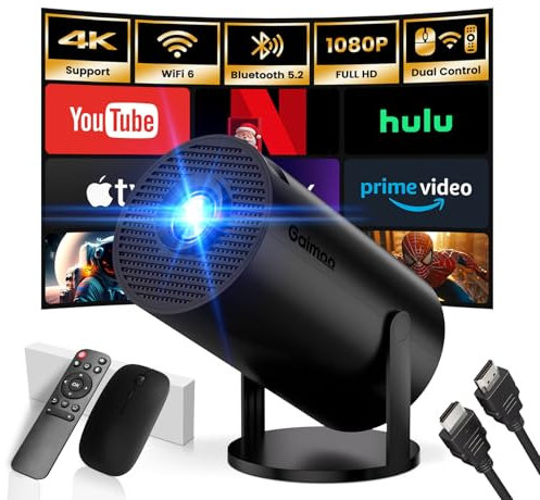 [App integrata] Mini Proiettore 2025 Upgraded Proiettore Portatile Dual Control con Mouse Android TV Auto Keystone WiFi 6 BT5.2 180° Compatible con HDMI/TV Stick/USB, Nero
