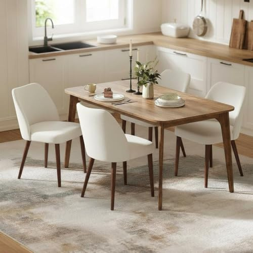 GarveeHome Linen Dining Chair Set of 4 Upholstered Fabric Dining Chair with Wood Legs, Wing Backrest, Wooden Kitchen Chairs with Thick Cushions, Leveling Feet for Dining Room, Living Room, White