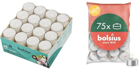 Bundle of Bolsius candeline - Cera - Singolo lumino: h 2.4cm Ø3.8cm - 48 unità - 8 Ore + Bolsius D-light Tealight – 75 pezzi – in sacchetto – Lunghezza durata 4 ore – Bianco