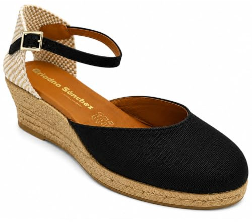 ARIADNA SÁNCHEZ Sandalias Cuña Baja Mujer, Sandalias Esparto Yute Natural, Alpargatas Mujer Cuña Hechas a Mano en España (Negro, Sistema tallas calzado EU, Adulto, Números, mediano, 38)