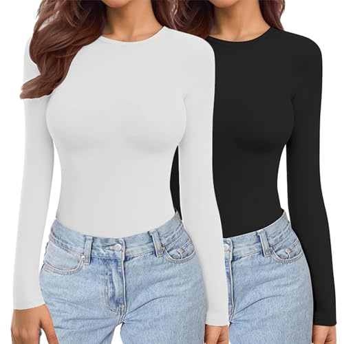 Ekouaer Womens 2 Pack Long Sleeve Tops Crew Neck Shirts Thermal Tops Stretch Fitted Underscrubs Layer Tee Black + White M