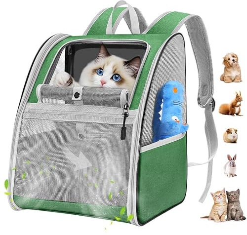 Pawaboo Kattryggsäck, hundryggsäck för katter hundar valpar med fönster, husdjur ryggsäck cat ryggsäck hund ryggsäck med andningsbart nät för vandring – upp till 10 kg, armégrön