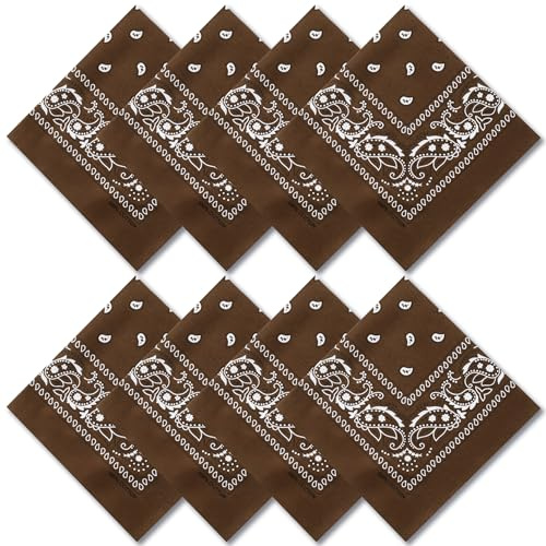 Raylarnia 8 PCS 100% Cotton Bandanas, 22 Inchs Multi-Purpose Bandana Scarfs Headbands for Men and Women (8- Brown)