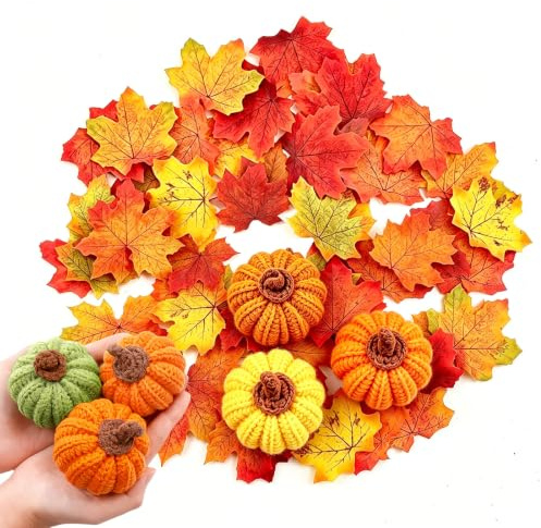 6P Knitted Artificial Pumpkins 100P Maple Leaves Autumn Home Decor Set | Yellow Green Orange Knitted Pumpkins Mini Pumpkin Decorative for Thanksgiving Halloween Fall Home Harvest Party Table Decorat