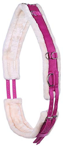 QHP Longiergurt Ontario auf beiden Seiten einstellbar, mit Mehreren Ringen und weichem Kunstfell (Pony, Fuchsia)