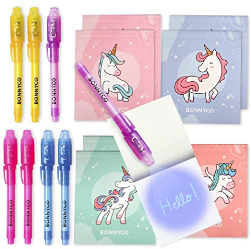 BONNYCO UV Stift und Notizbuch, 8 Stück Einhorn Mitgebsel Kindergeburtstag Mädchen und Junge. Kindergeburtstag Gastgeschenke, Kleine Geschenke für Kinder. Adventskalender Inhalt, Einhorn Deko