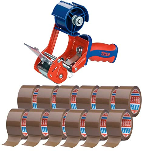 tesa Packband Handabroller, Modell Comfort für Rollen bis 66m x 50mm (Maxi ‎Bundle mit 12 Rollen Paketklebeband, braun)